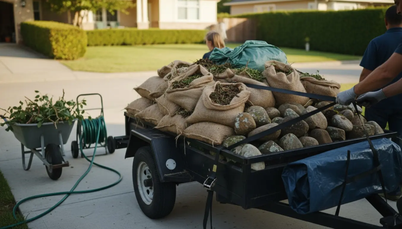 En trailer læsses med cirka femten sække haveaffald og tyve store sten foran en privat have, med værktøj og arbejdshandsker i forgrunden.