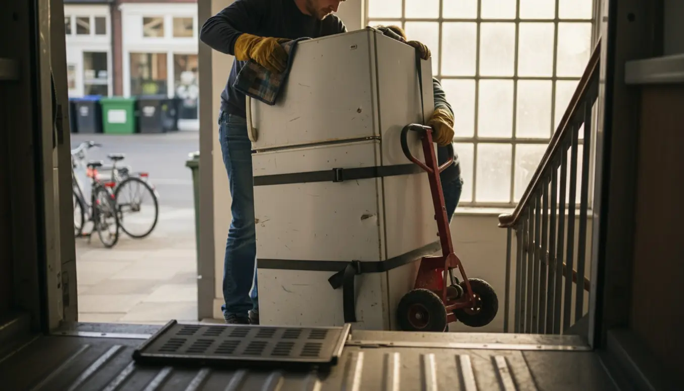 Et kølefryseskab bæres ned ad trappen og læsses på en varebil til aflevering på genbrugsstationen.