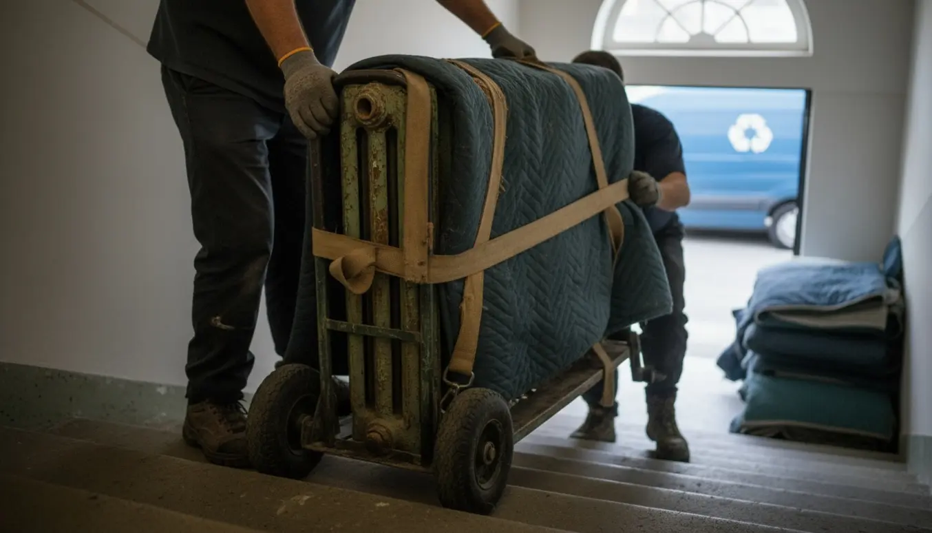 Tunge, gamle radiatorer bæres ned ad en bagtrappe på en flyttevogn med stropper klar til genbrug.
