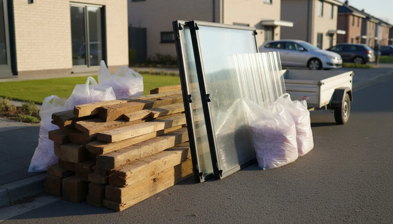 Stak af træ, ruder, plastik tagplader og sække med glasuld samlet foran et hus ved vejen klar til afhentning.
