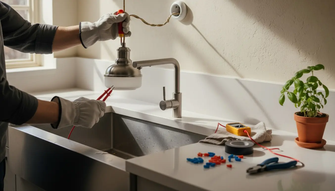 Uddannet elektriker monterer en lampe over en køkkenvask med isolerede handsker og værktøj på bordet.