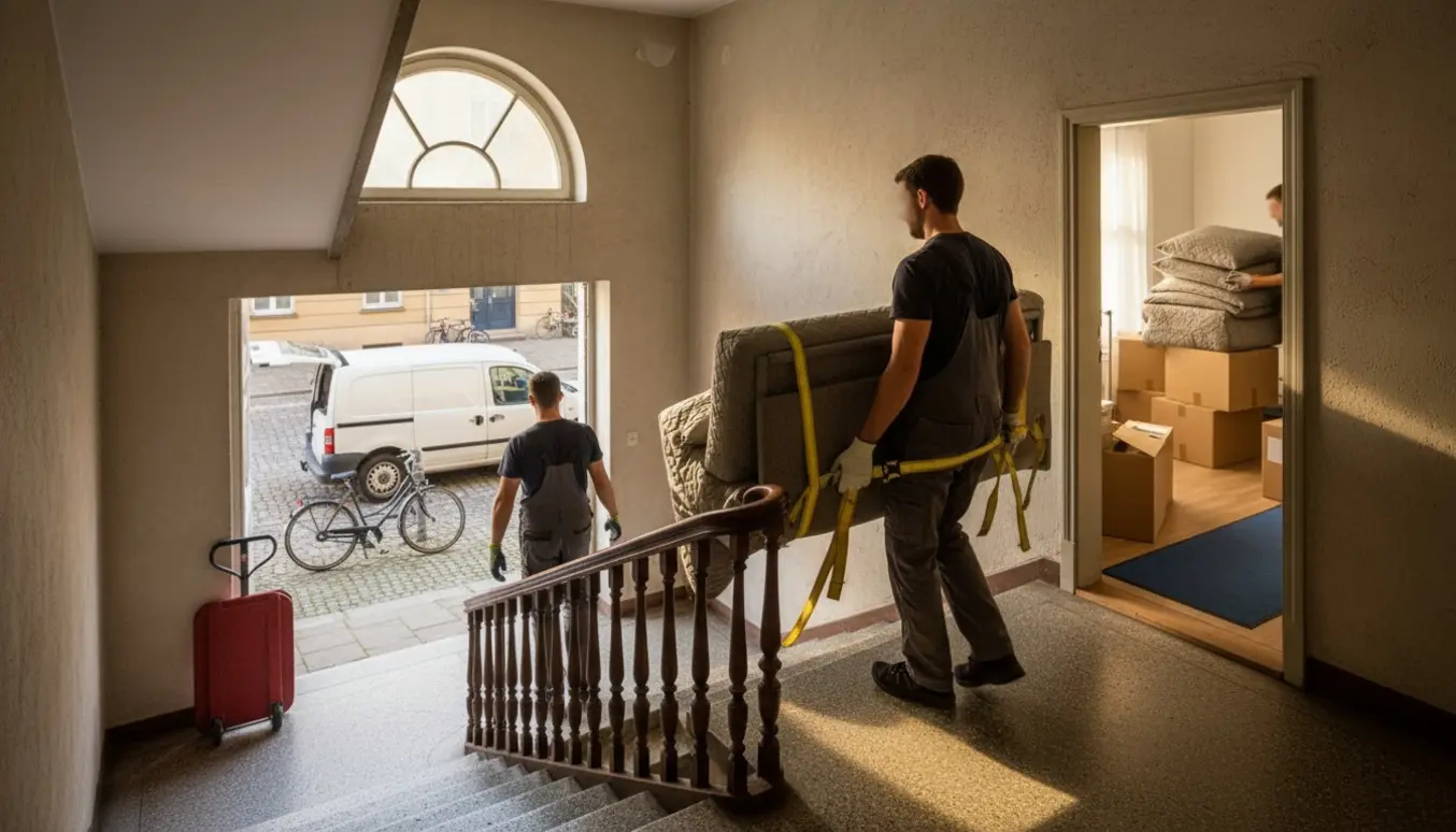 To personer bærer en adskilt 3-personers sovesofa ned ad en trappe mod en ventende flyttebil.