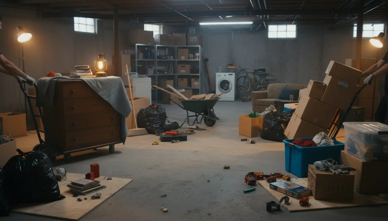 Stor kælder under oprydning med kasser, sorte affaldssække og flytteudstyr.