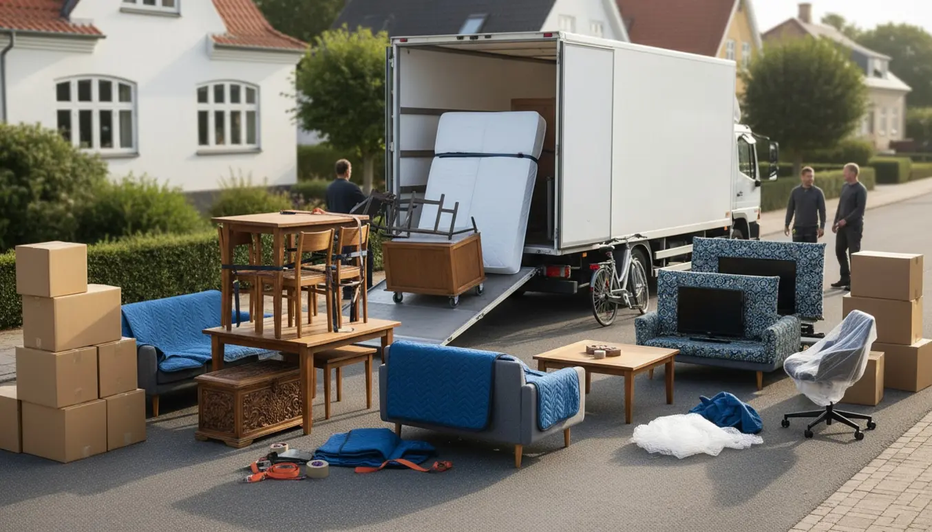 Flyttebil på en dansk villavej med møbler, cykel og stabler af papkasser mens flyttemænd læsser.
