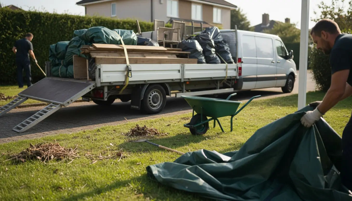 Lang åben trailer og varevogn i en forhave mens arbejdshænder læsser sammenrullet afdækning og affald på græsplænen.