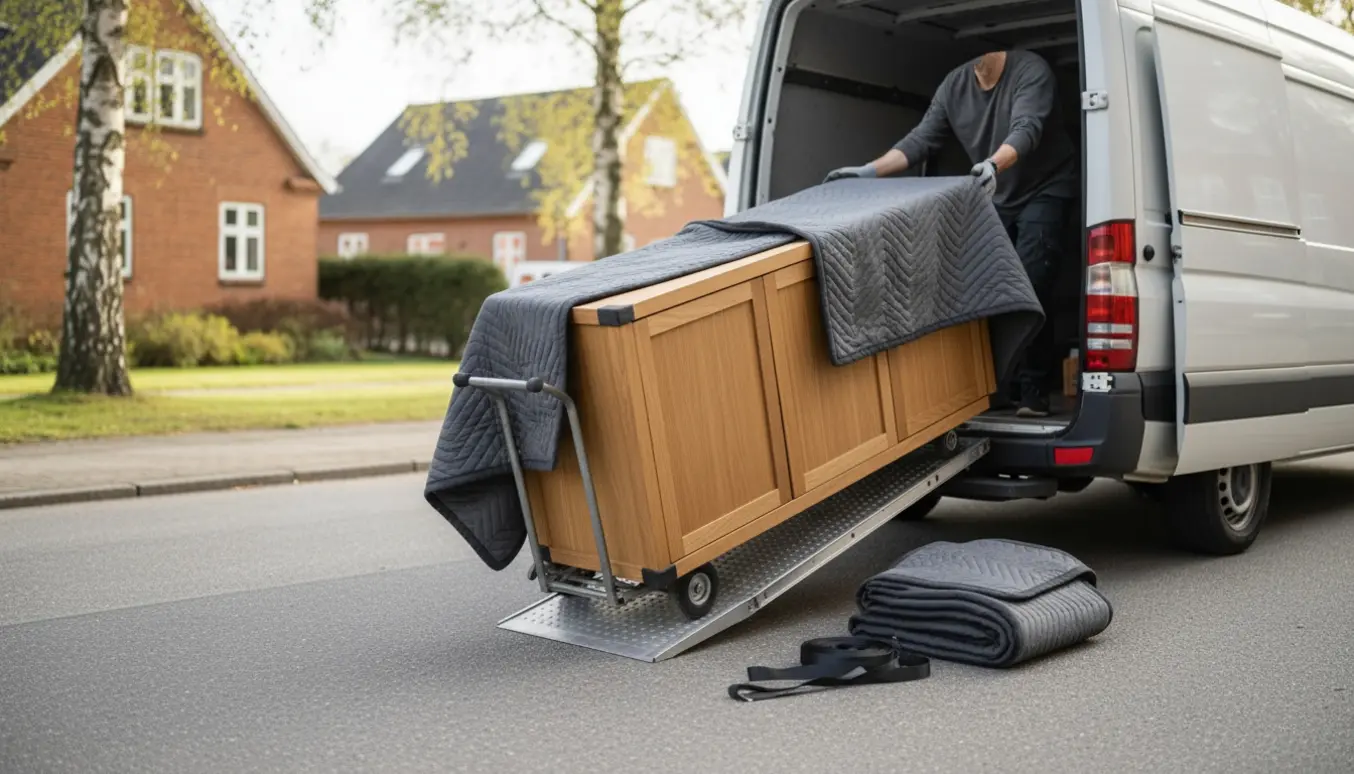Et 165 cm træskænk pakkes og løftes ind i en hvid flyttebil på en stille forstadsgade, uden synlige ansigter.