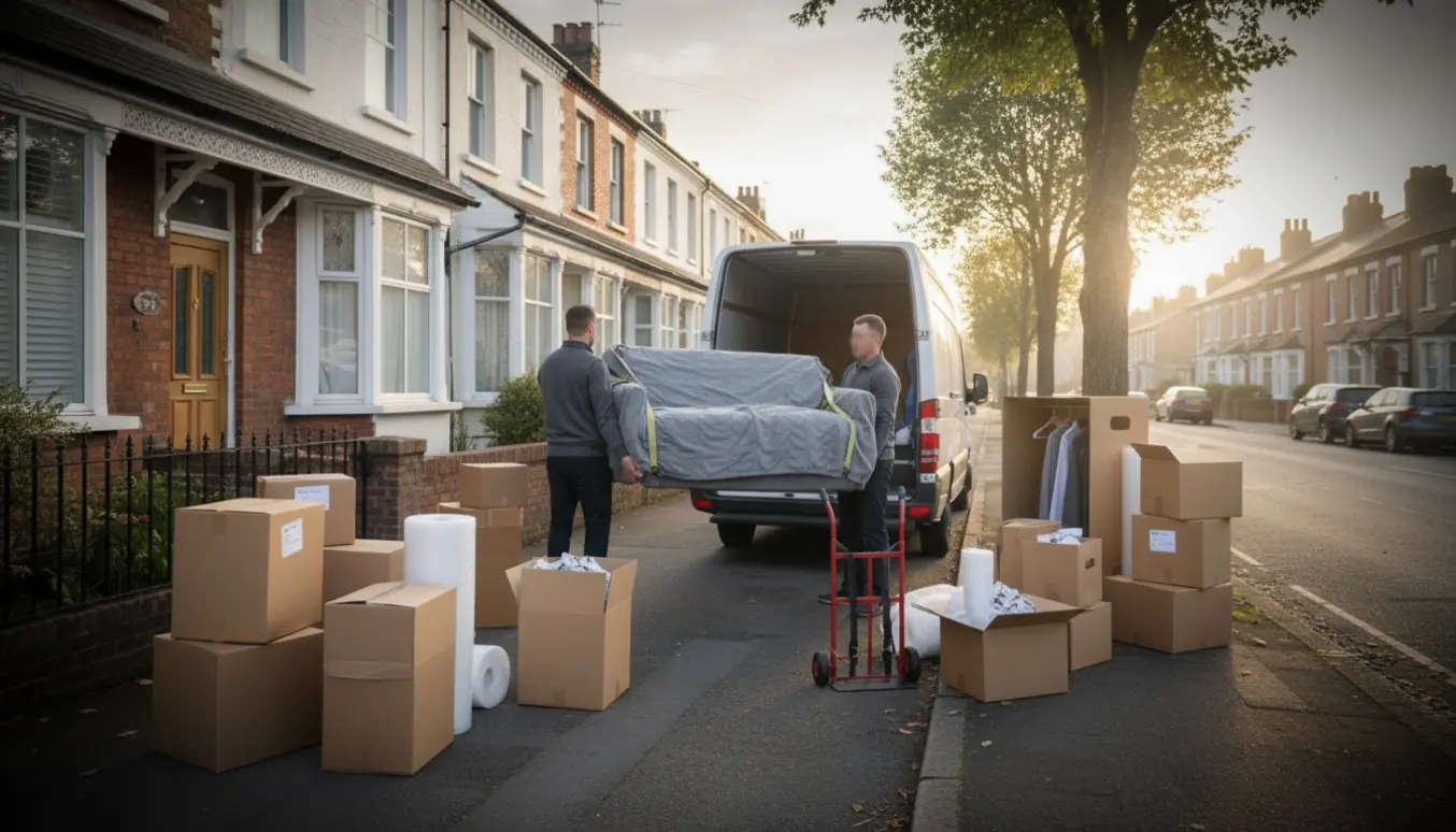 To flyttefolk bærer indpakkede møbler og flyttekasser mellem rækkehuse ved en parkeret flyttevogn i blødt dagslys.