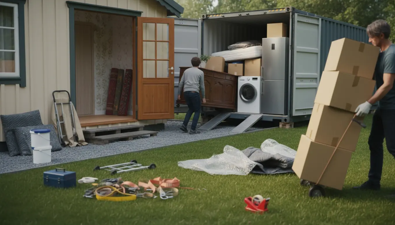 Møbler, hvidevarer og flyttekasser bæres fra et sommerhus ud til en åben container i haven under en renovering.