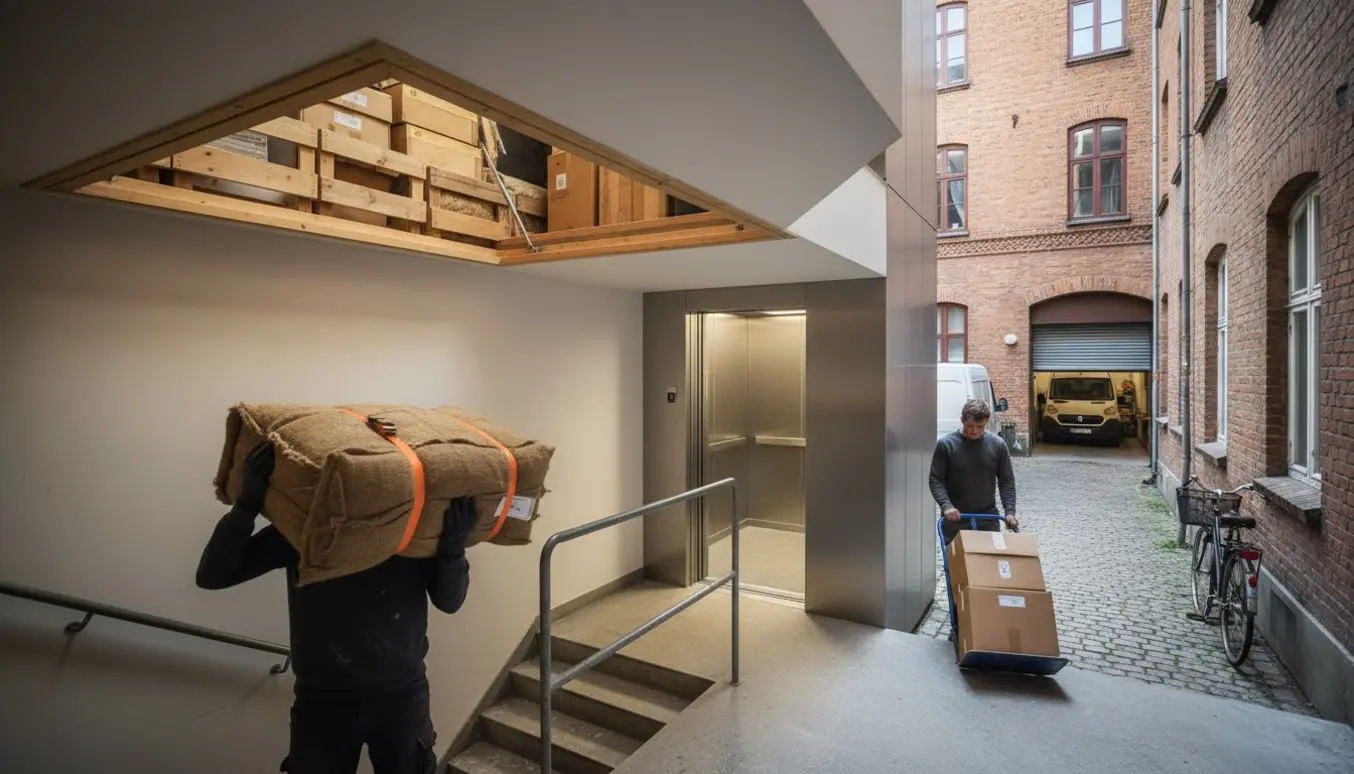 Flyttefolk bærer materialer ned fra et loftrum mod en garagelevering i en trang Østerbro-gade.