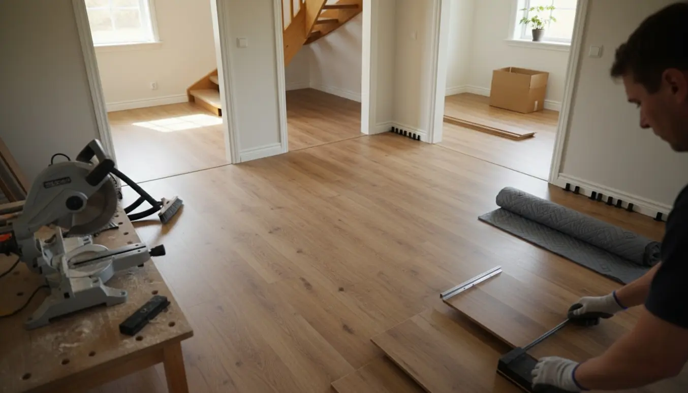 Laminatgulv lægges gennem flere rum og langs en trappe med lyddæmpende underlag og trappeskinne.