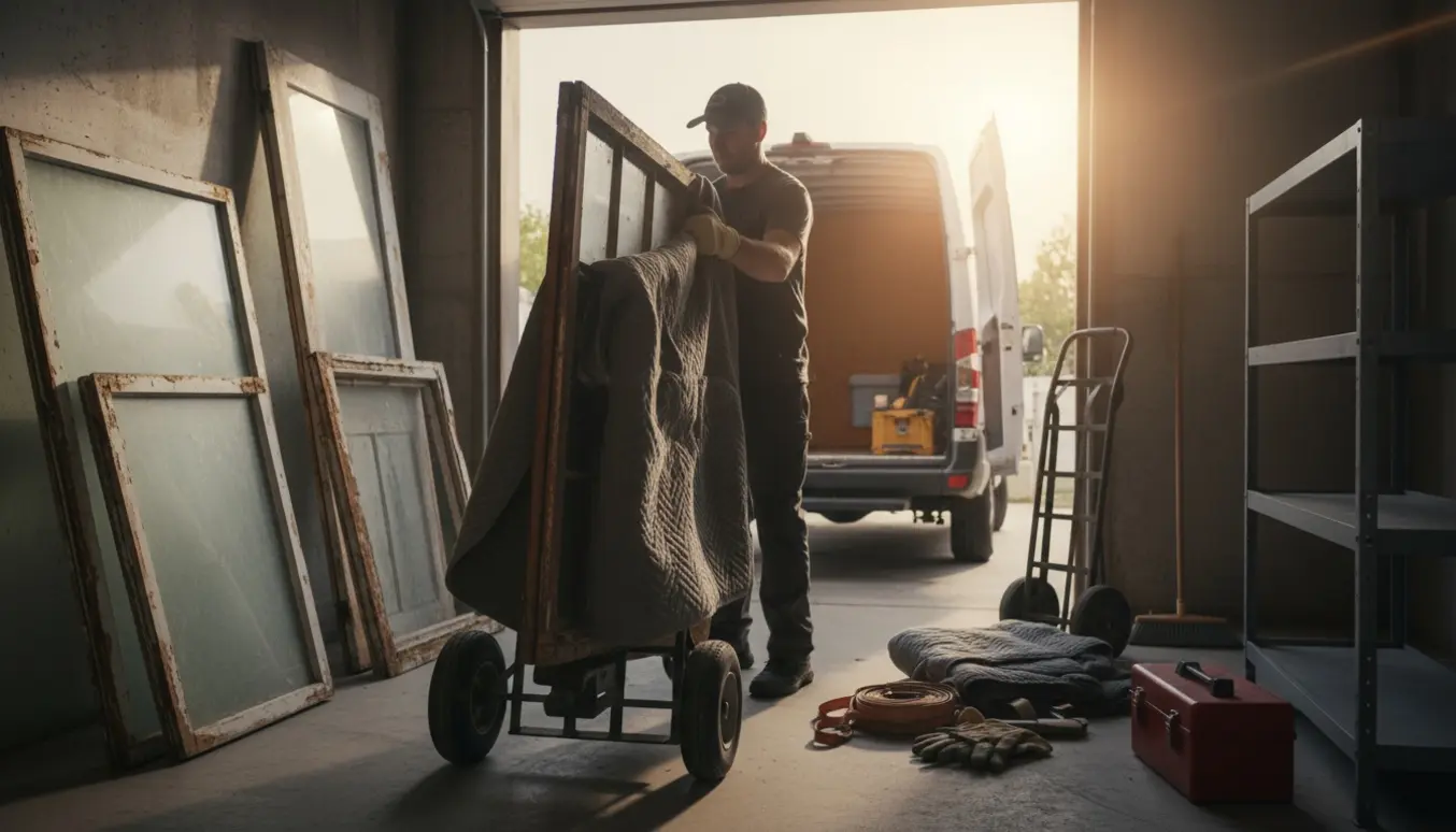 Åben garage med stabler af gamle vinduesrammer og en person uden synligt ansigt, der læsser rammer på en håndtruck.