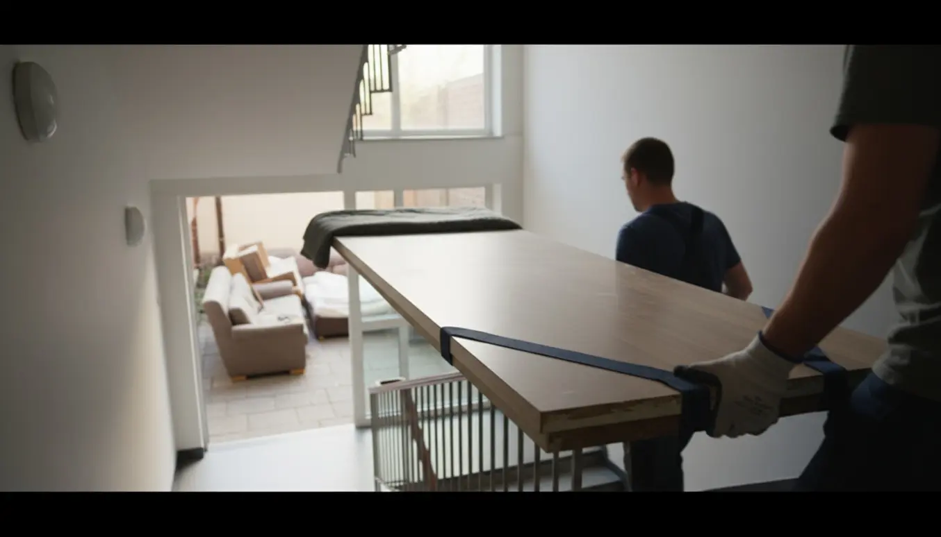 To personer bærer en lang laminatbordplade ned ad en trappe mod gårdens storskraldsområde.