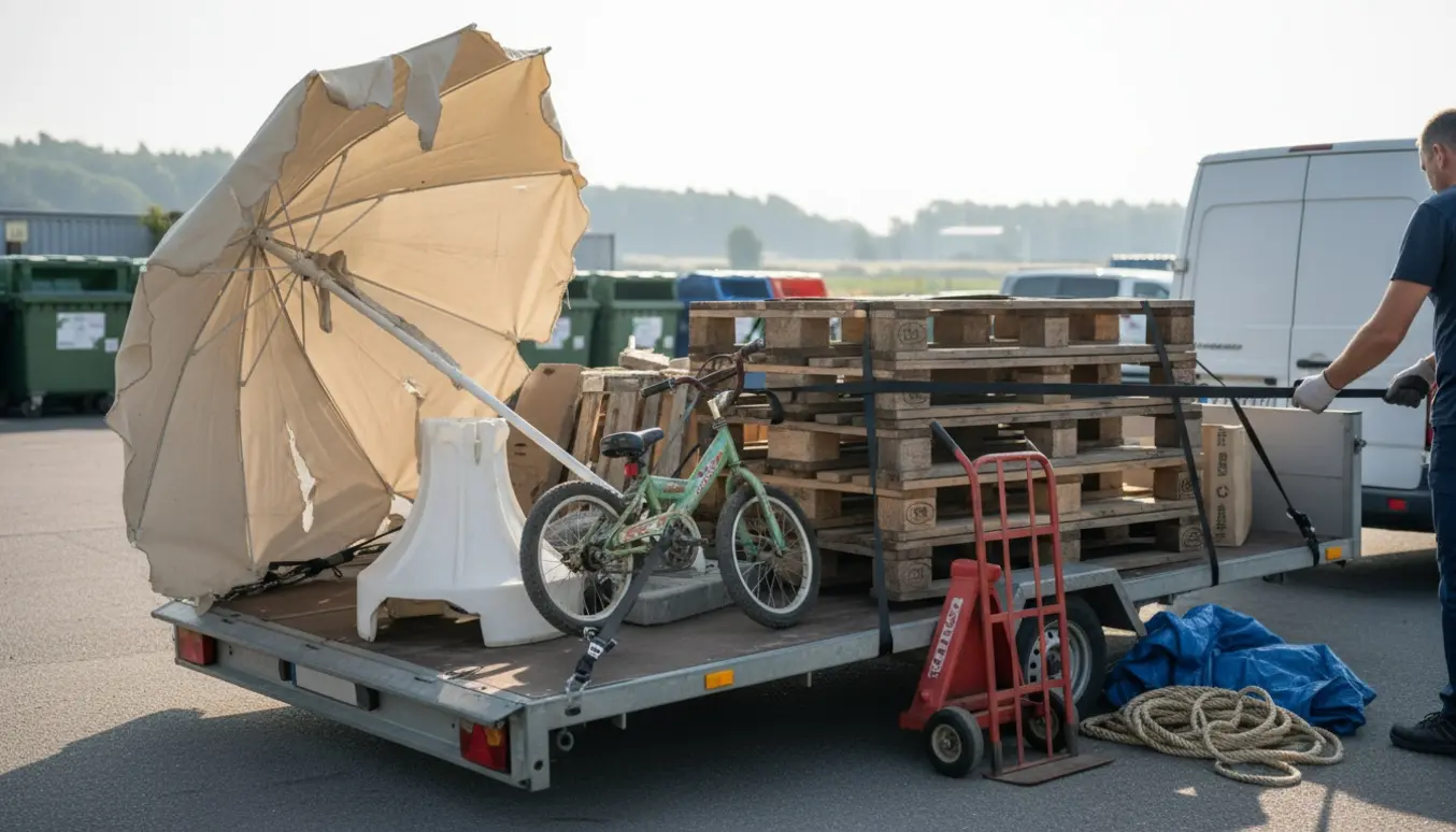 Ødelagt parasol, barnecykel og stabler af paller læsses på en trailer ved genbrugsstationen.