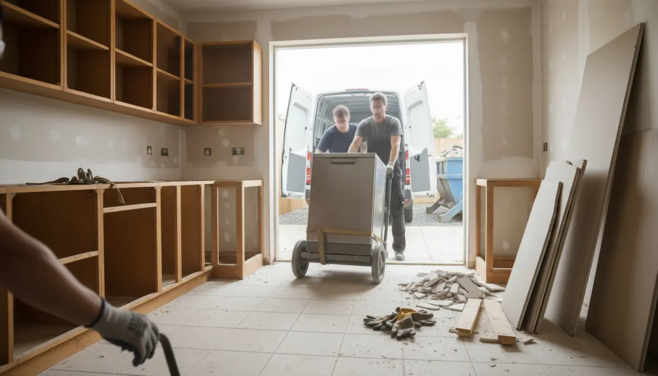 Hånd i arbejdshandske trækker en opvaskemaskine ud fra et delvist nedtaget køkken med bunker af gipsvæg og byggeaffald i baggrunden.