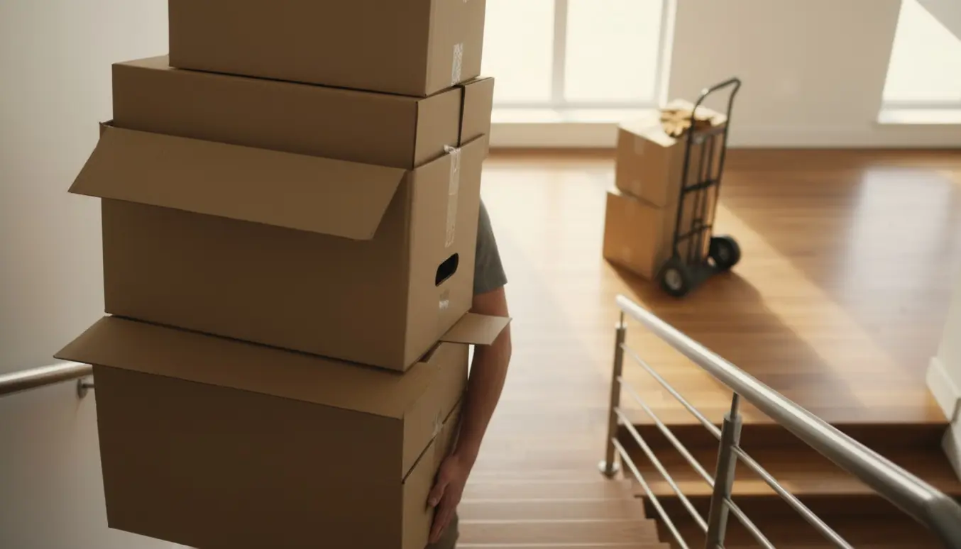 En person set bagfra bærer en stak tomme flyttekasser op ad en boligtrappe mod en lys øverste etage.