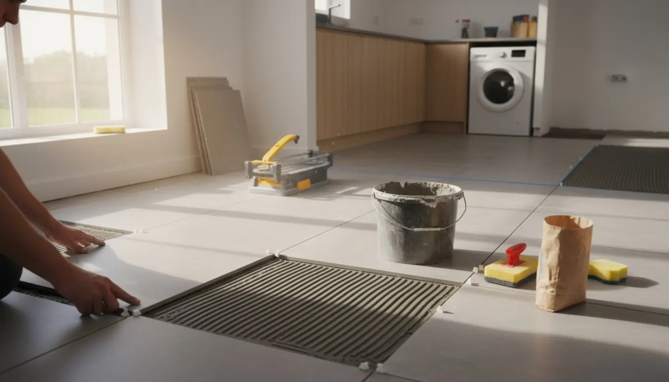 Køkken og bryggers midt i fliselægning med 60x60 fliser, fliseklæb, fugeværktøj og flisekryds.