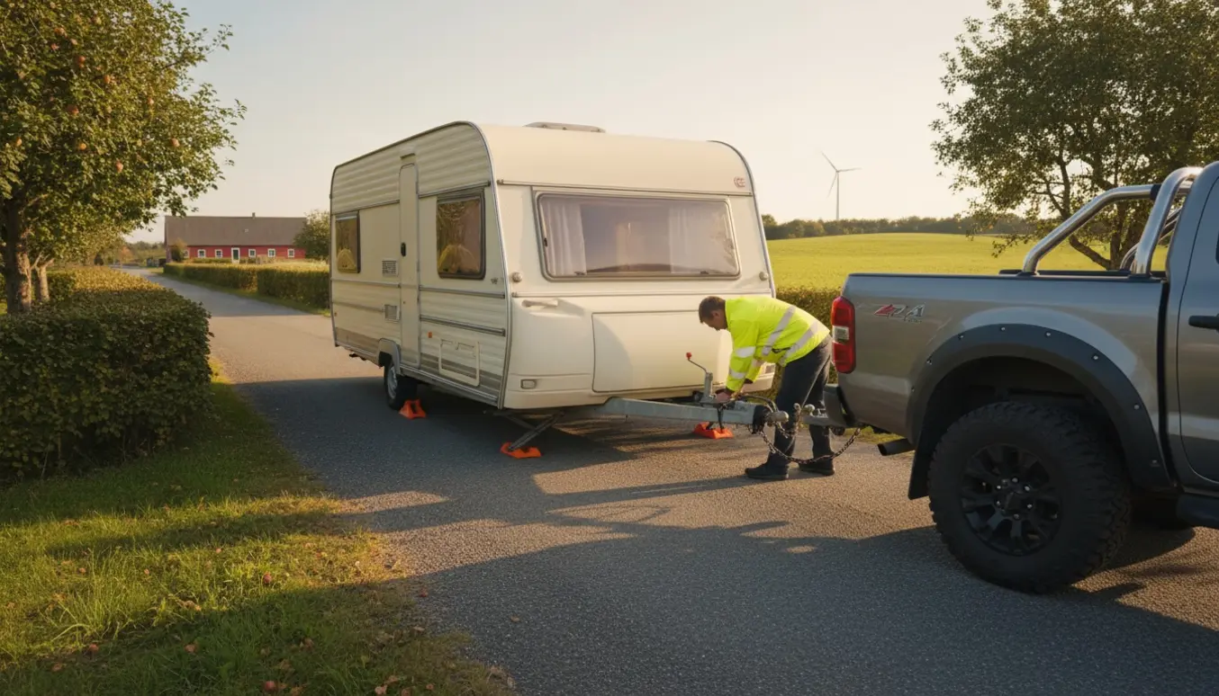 Lang campingvogn er koblet til en firehjulstrækker på en stille fynsk landevej ved aftenslys.