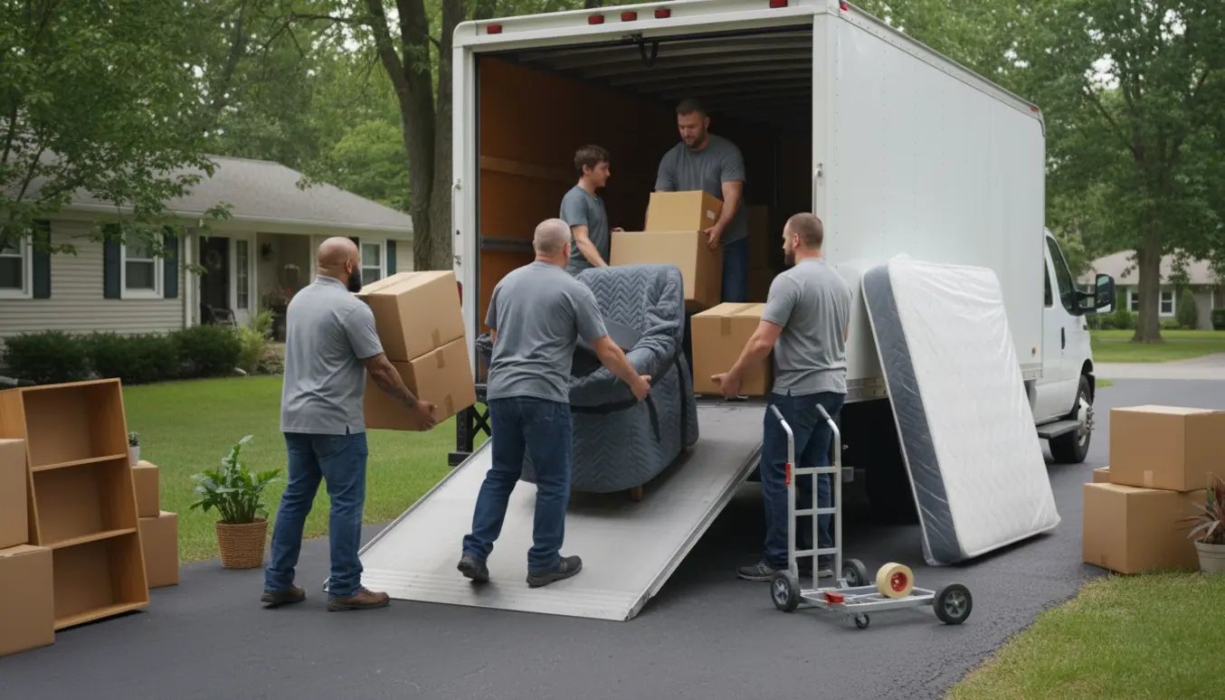 Flyttemænd og husejer bærer møbler og forseglede flyttekasser fra en åben flyttebil ind i et hus i blødt dagslys.