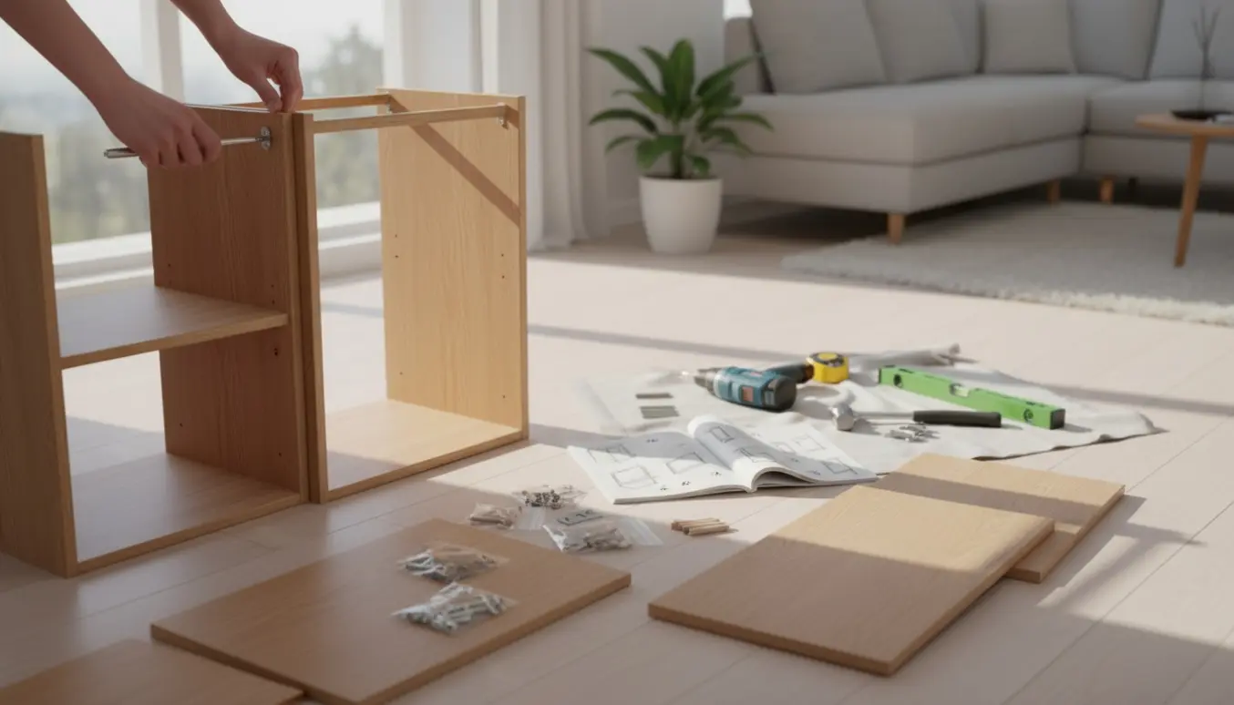 Hænder samler et fladtpakket skab i et lyst, skandinavisk rum med værktøj og træpaneler.
