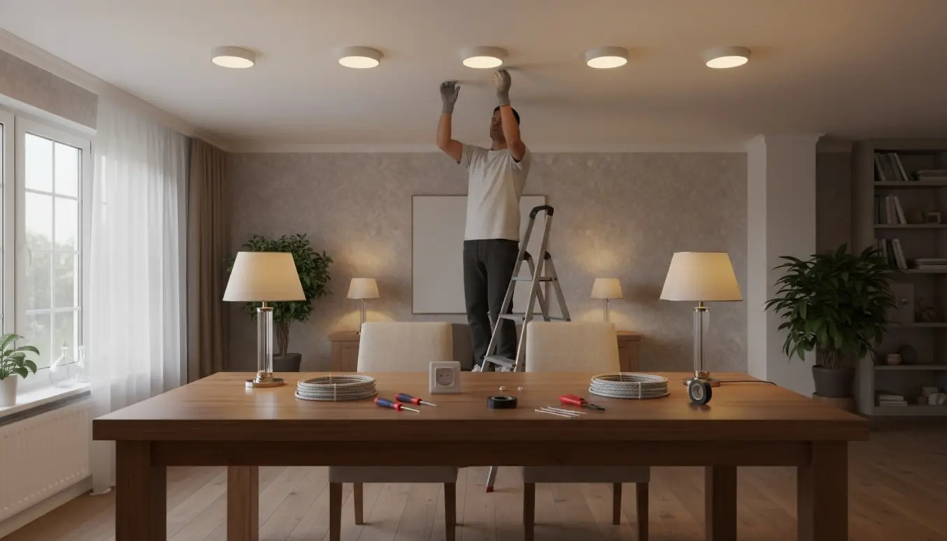 Opsætning af fem indbyggede spots i loft og reparation af stikkontakt ved et spisestuebord med lamper og værktøj.
