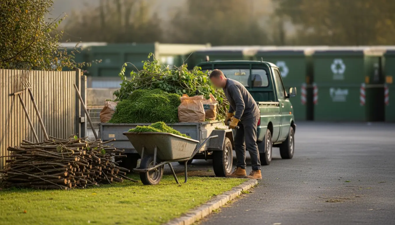 Trailer fyldt med græs, grene og haveaffald klar til aflevering på genbrugspladsen.