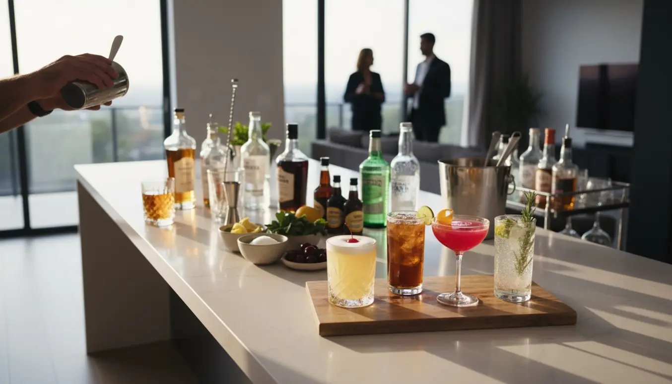 Bartender mikser cocktails ved en stor køkkenø i et privat hjem med fire færdige drinks på en bakke.