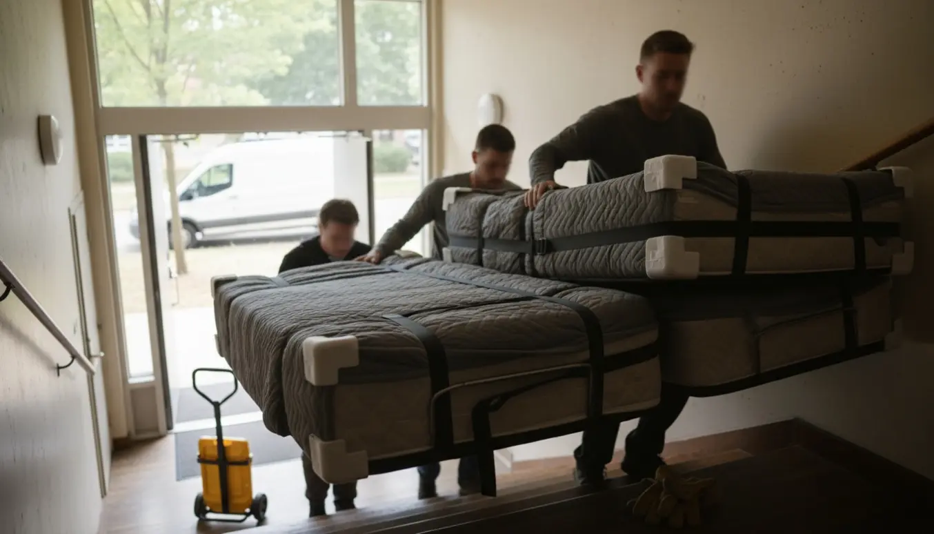 To flyttefolk bærer indpakkede elevationssenge ned ad en trappe mod en uidentificeret flyttevogn.