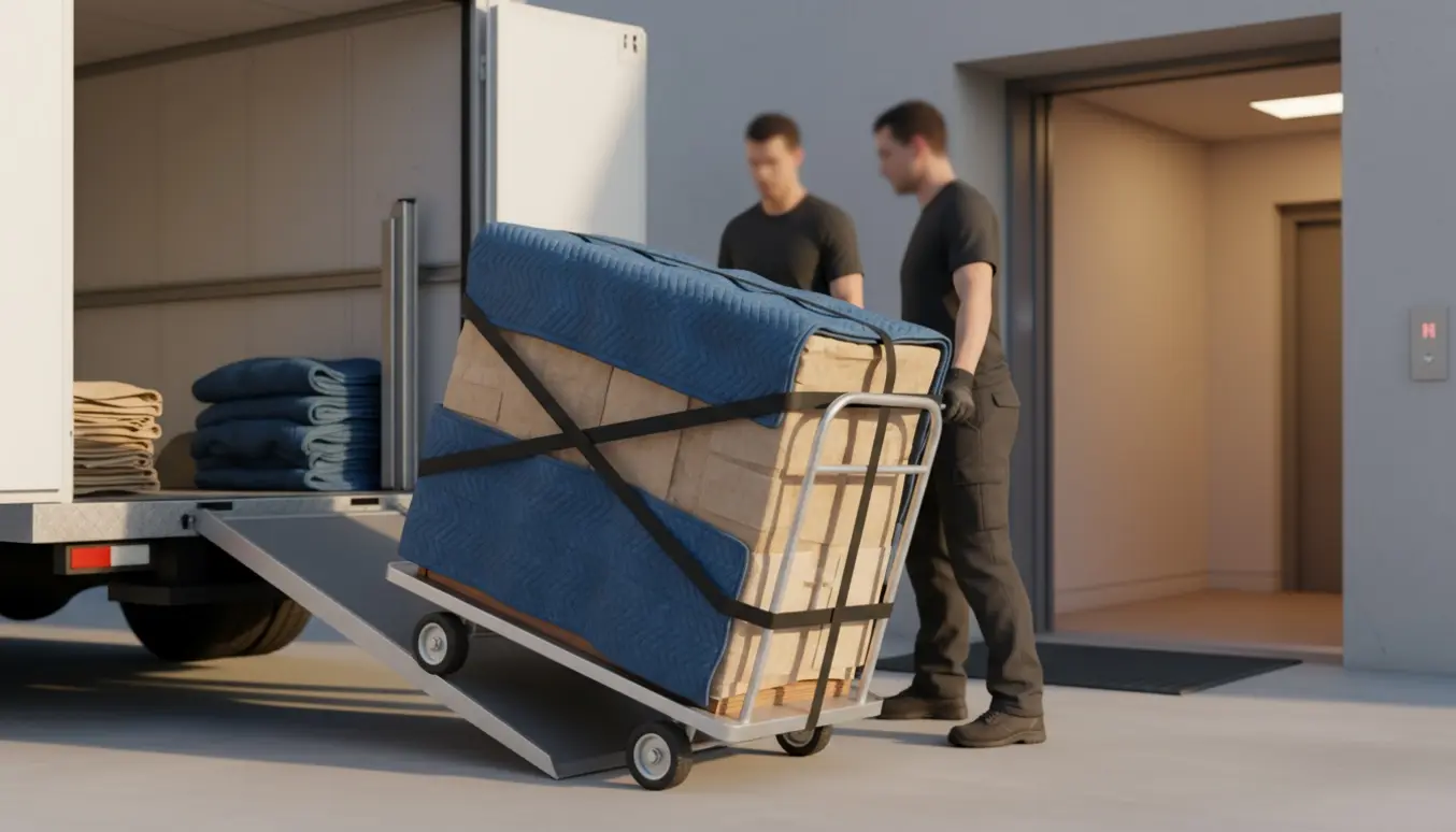 Kommode pakket i flyttetæpper på en tralle foran en åben elevator, klar til at blive båret op i en lejlighed.