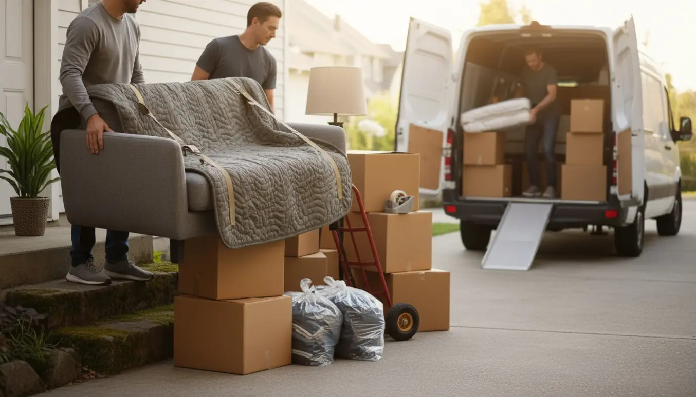 Flyttefolk læsser sofa, flyttekasser og en seng ned ad trappe og ind i en kassevogn.