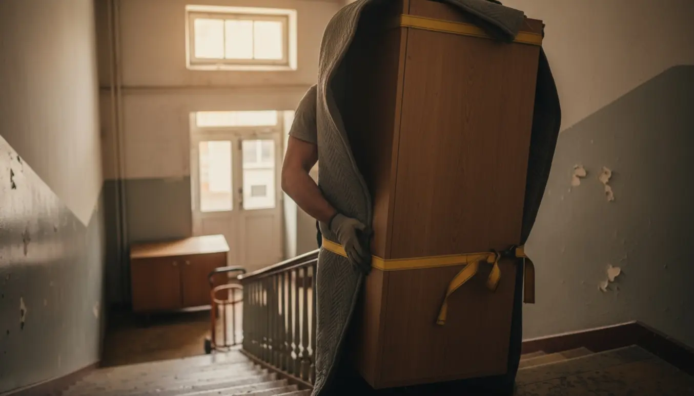 En person løfter et tungt, smalt garderobeskab op ad en smal trappe i en boligopgang.