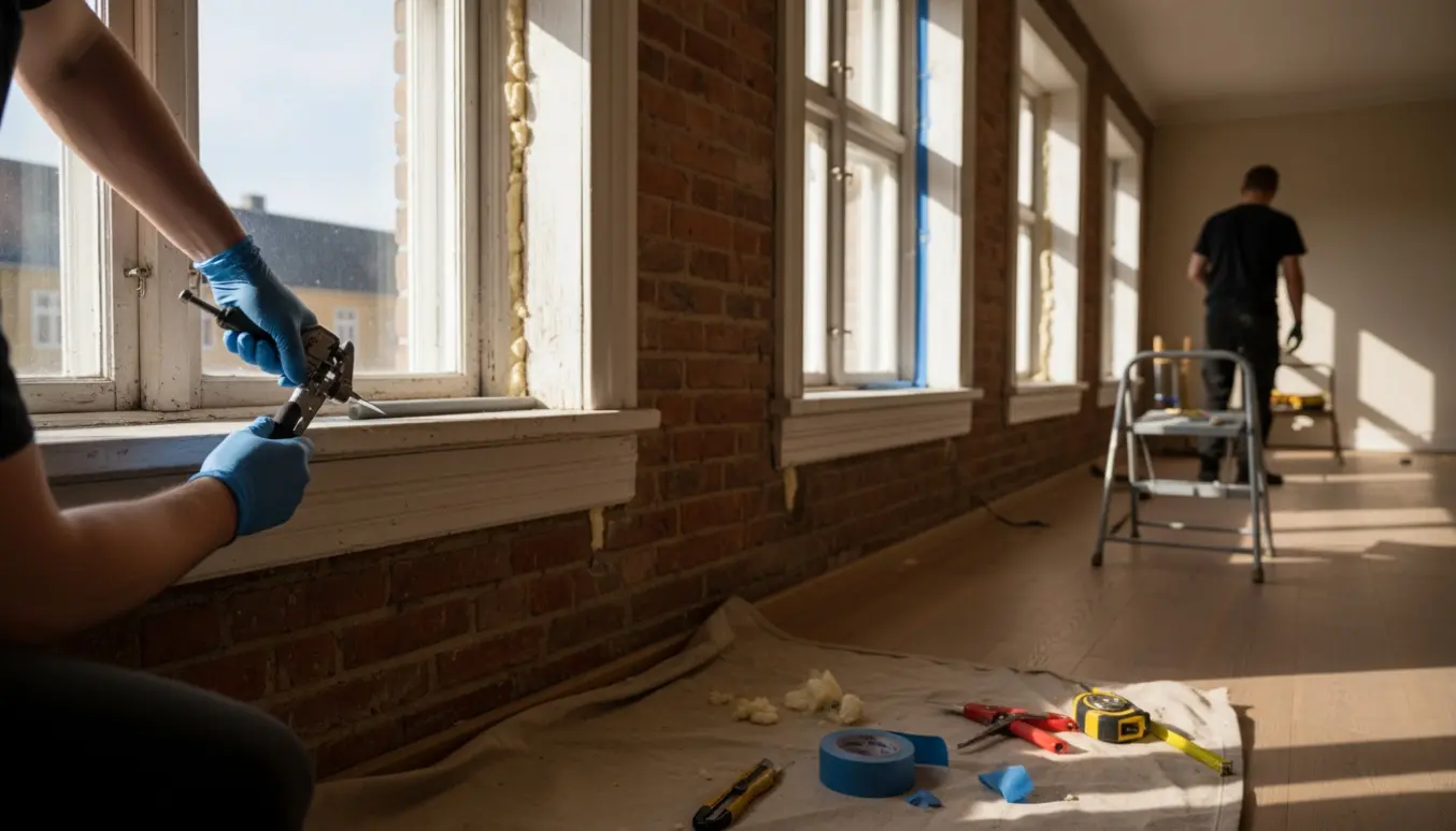 Hænder isolerer omkring københavner-vinduer i en lys lejlighed med værktøj på et beskyttelsesunderlag.