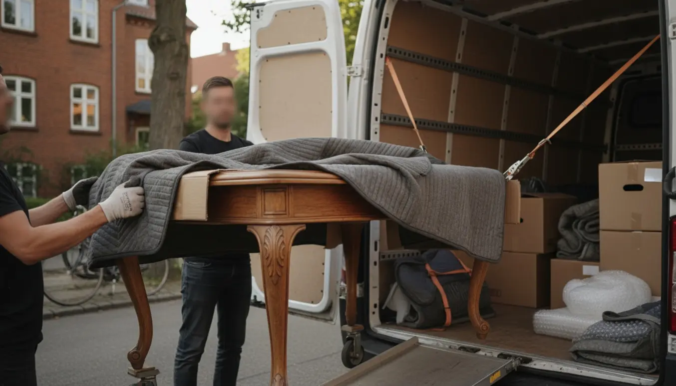 Et antikt spisebord pakkes og fastgøres i en flyttevogn på en stille dansk villavej.