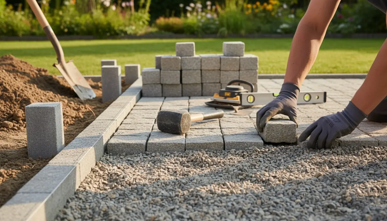 Nærbillede af hænder, der lægger små kubiske chaussten på en grusbase til en havegang med kantsten og værktøj.