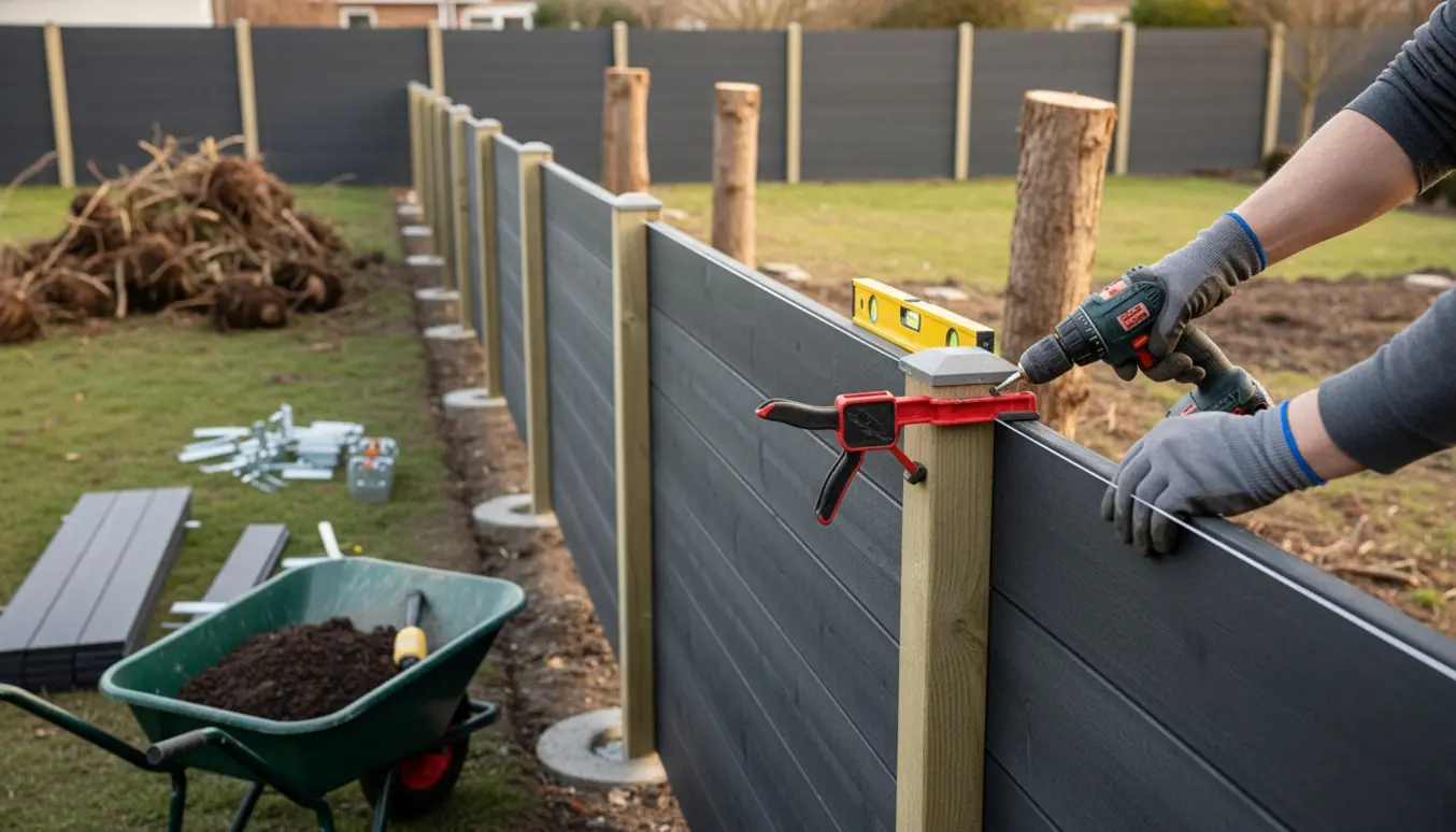 Installering af kompositstakit i en renoveret have med justerede stolper og værktøj.