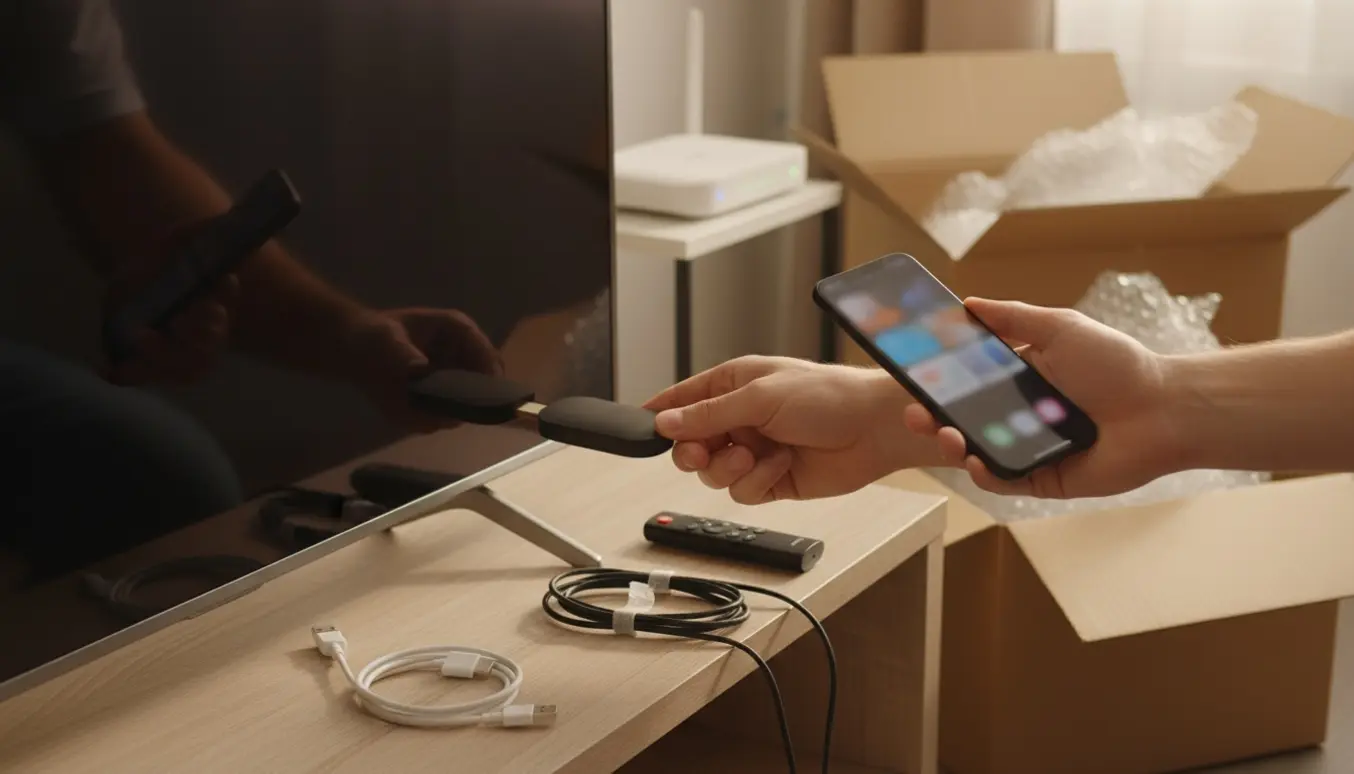 Hænder tilslutter en lille streaming-dongle til et tv med smartphone, router og flyttekasser i baggrunden.