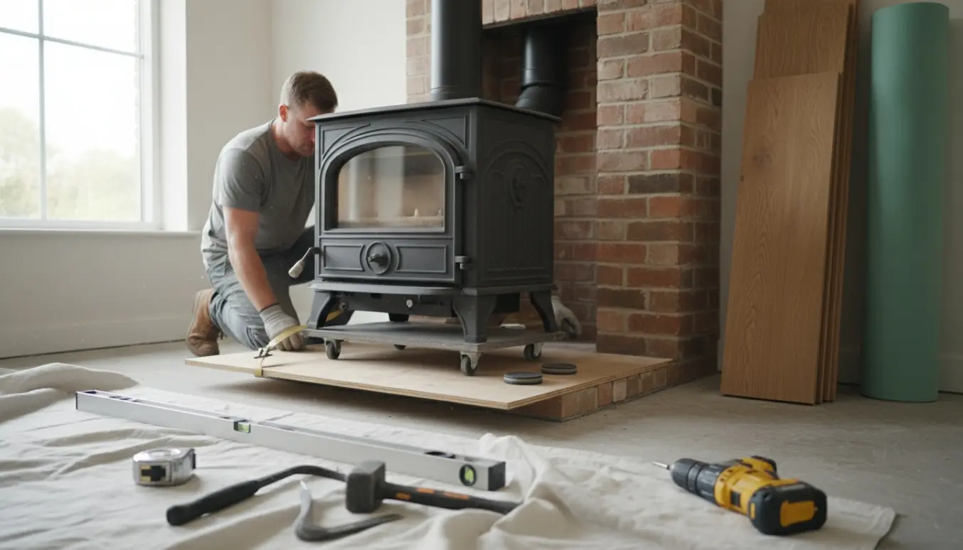 Støbejernsbrændeovn midlertidigt flyttet væk fra ildstedet i et rum klar til nyt gulv med værktøj og gulvplanker.