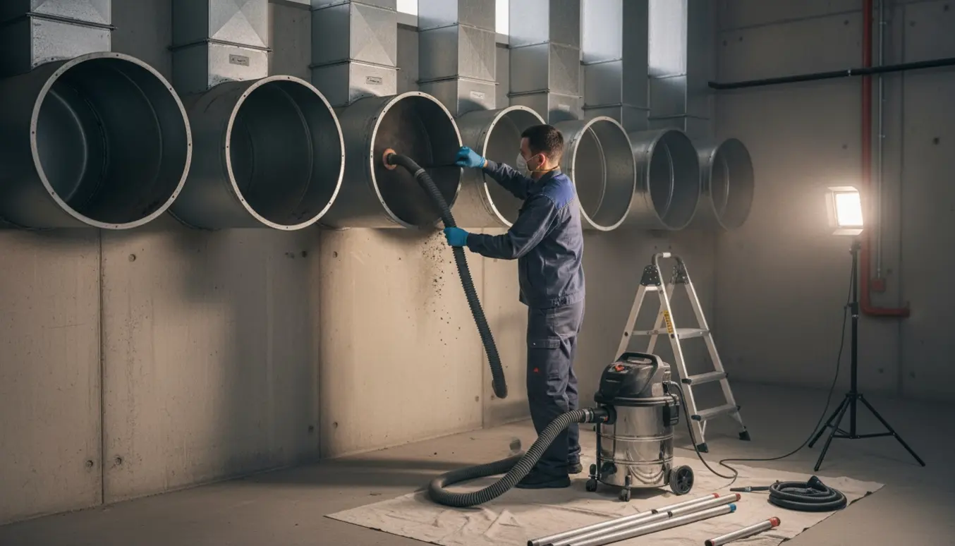 Tekniker rengør syv ventilationsrør med børste og støvsuger i et teknikrum.