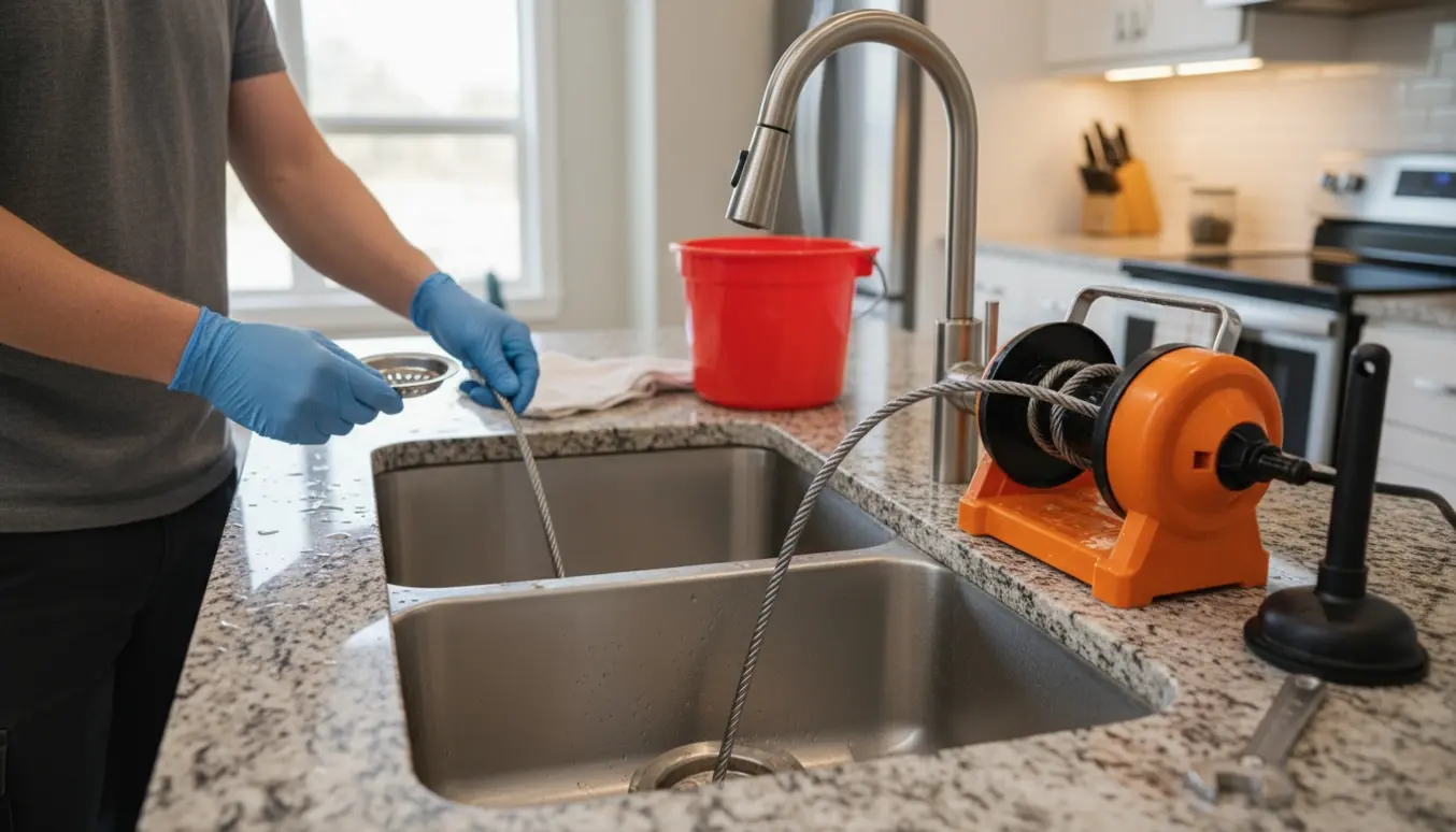 Et professionelt afløbskabel føres ind i en stoppet rustfri køkkenvask, mens vandet begynder at løbe frit.
