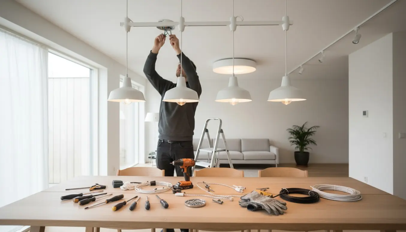 Hænder på en stige tilslutter ledninger og monterer pendel-, spot- og loftslamper i en moderne stue.