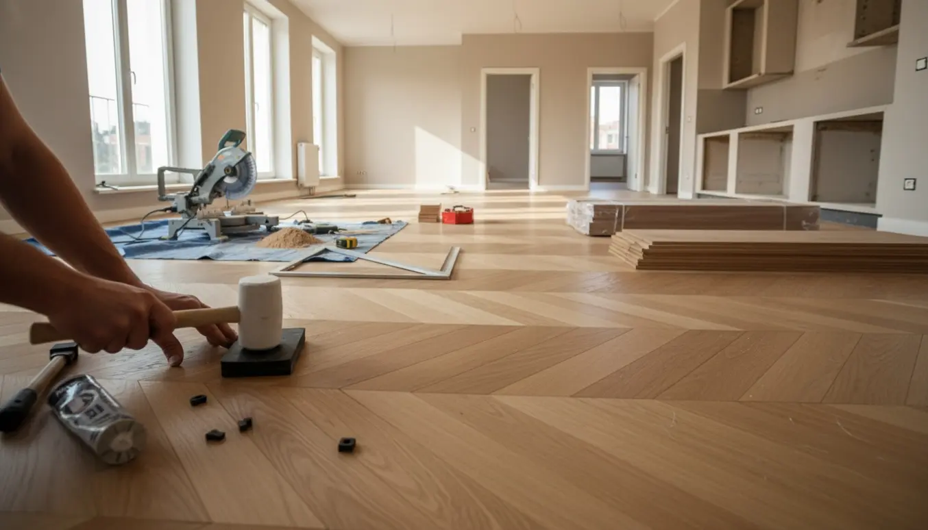 Sildebensparket lægges i en lys lejlighed med værktøj og stakke egetræsplanker.