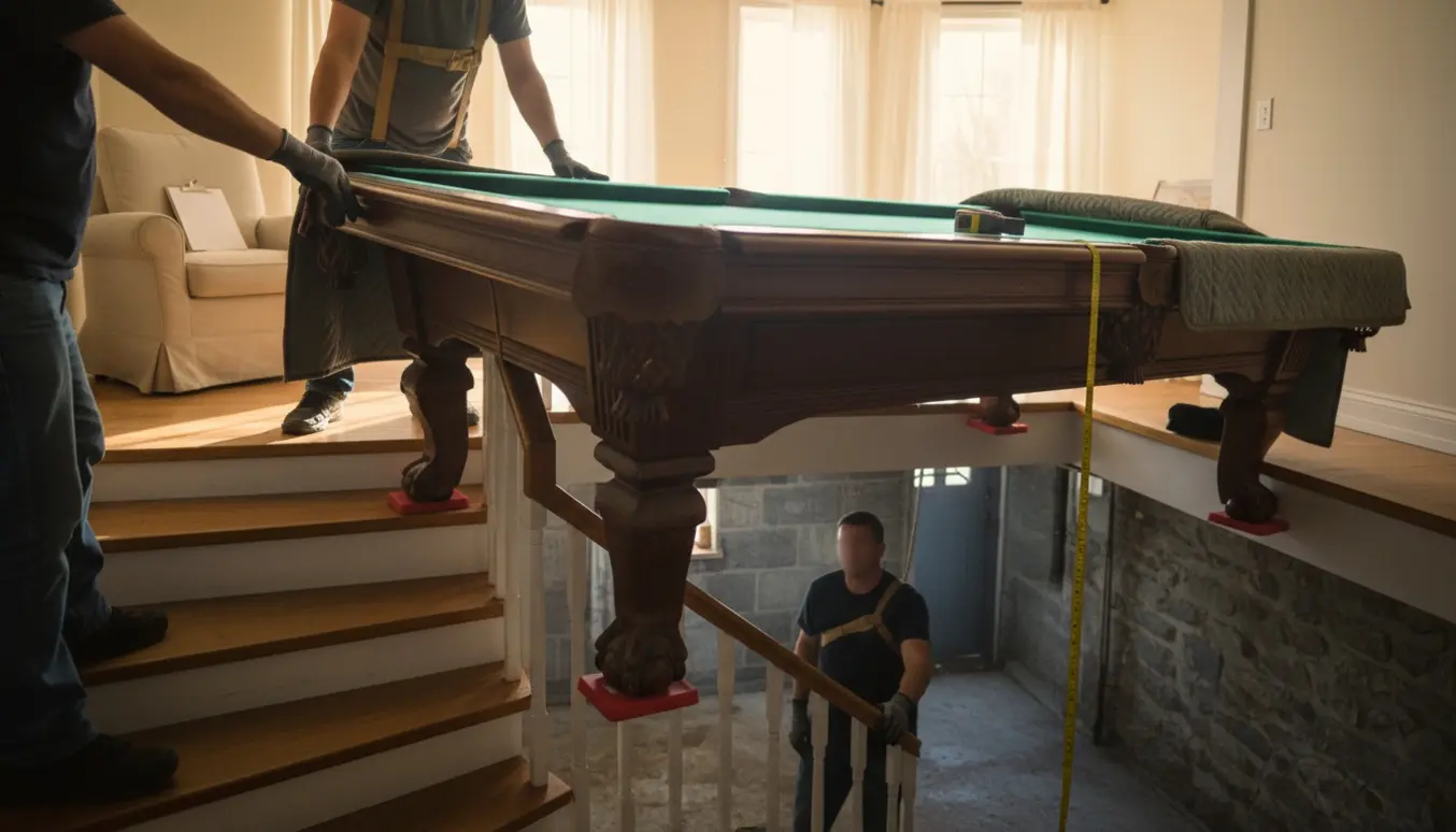 Tungt billardbord bæres ned ad en trappe til kælderen af flyttemænd med flytteseler og filtduge.