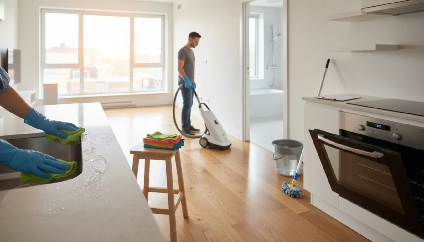 Slutrengøring i en lys lejlighed med glinsende køkkenvask, støvsuger og klude, uden tydelige ansigter.