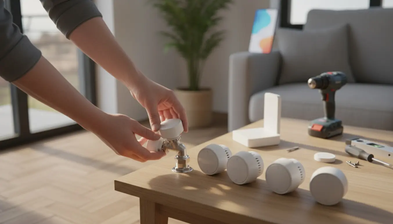 Hænder monterer en rund smarttermostat på en radiator i en moderne stue med flere termostater, gateway og telefon til opsætning.