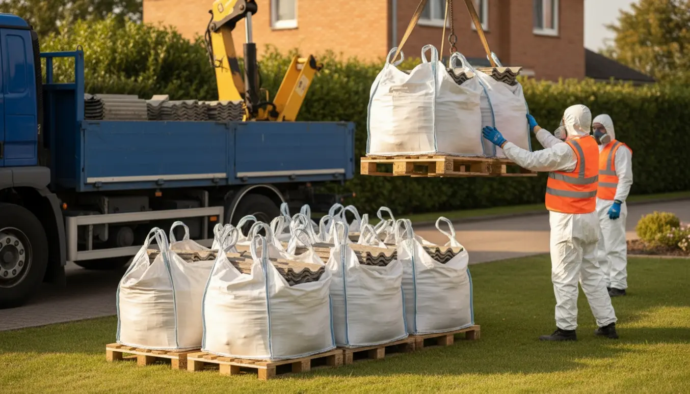 Lastbil med kran afhenter stablede asbest-bigbags med B7 tagplader fra en græsplæne.
