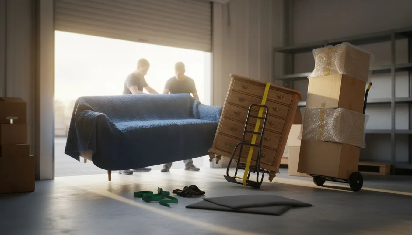 Sofaer, kommoder og flyttekasser bæres og rulles ind i et lyst lagerlokale.