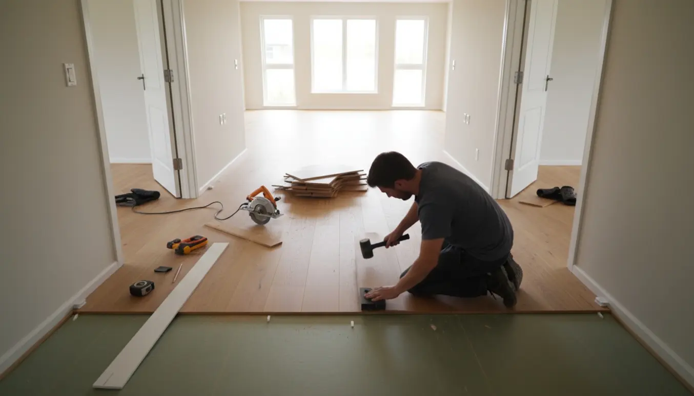 Håndværker lægger trægulv i gang og stue med plankegulve, værktøj og åbne døre til værelser.