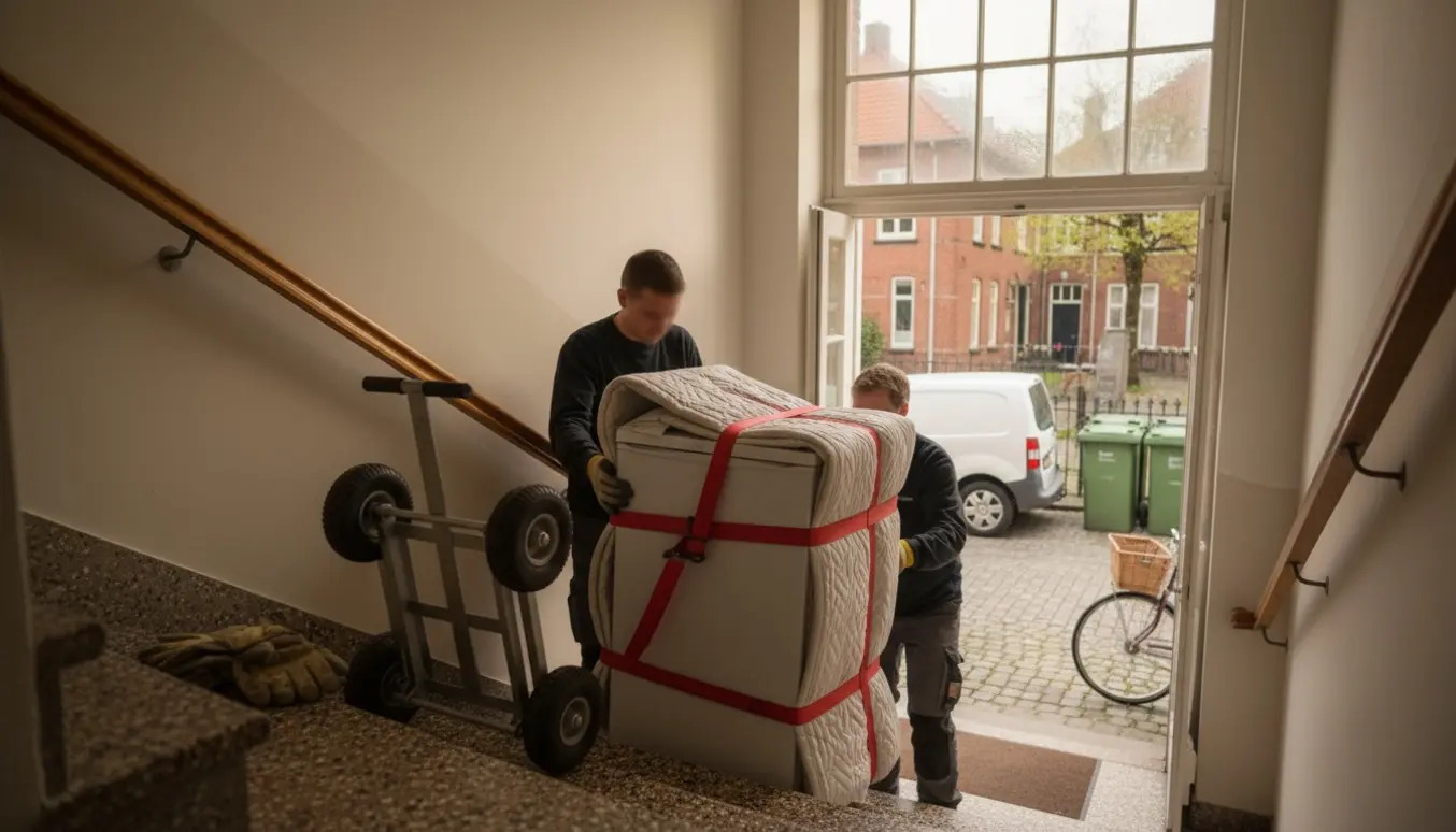 To personer bærer et lille køleskab ned ad en lys opgang, pakket i beskyttelsestæpper og klar til aflevering på genbrugspladsen.