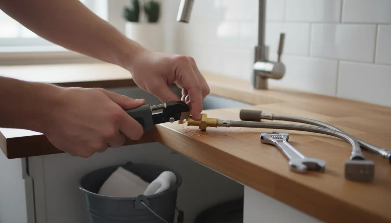 Hænder forkorter kobbervandrør og tilslutter en ny køkkenvask med push-fit kobling.