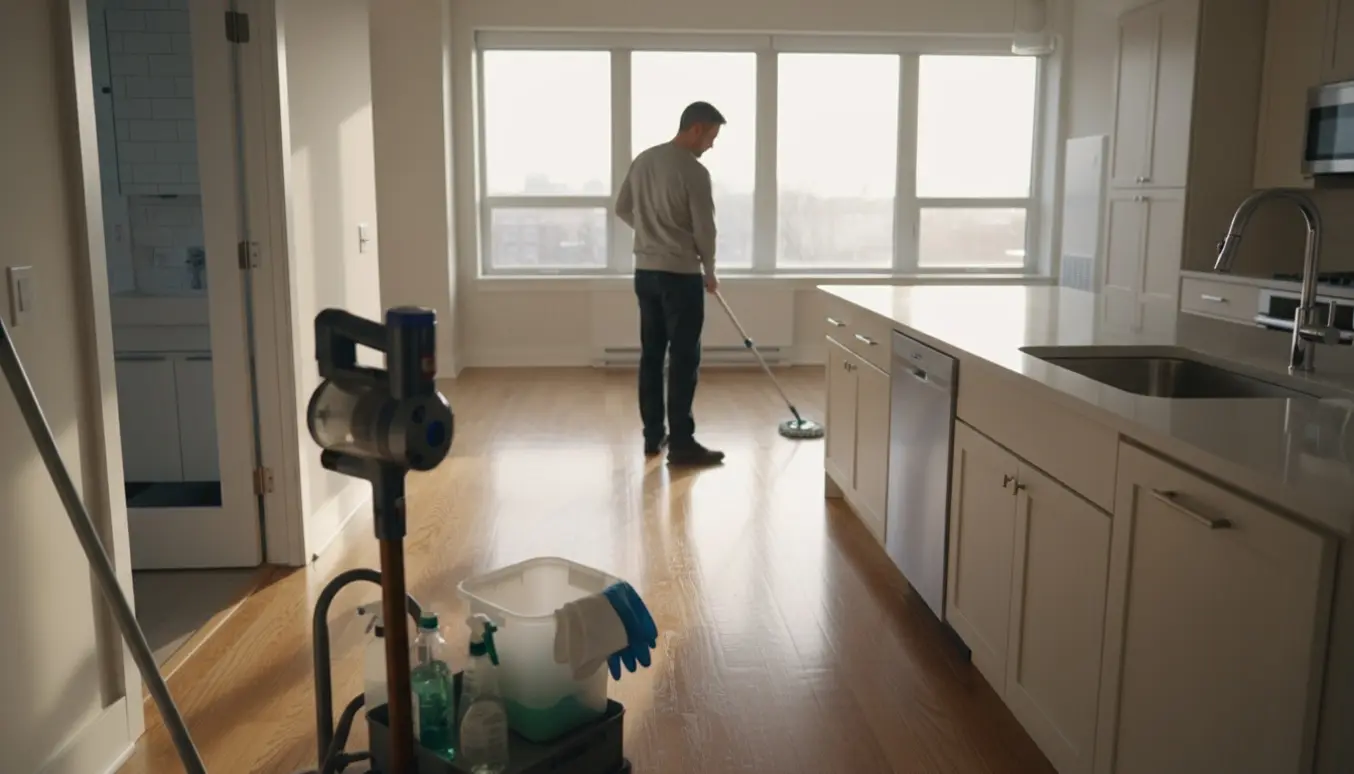En rengøringsmedarbejder mopper gulvet i en lys, tom lejlighed med lukkede skabe og rengøringsvogn i nærheden.