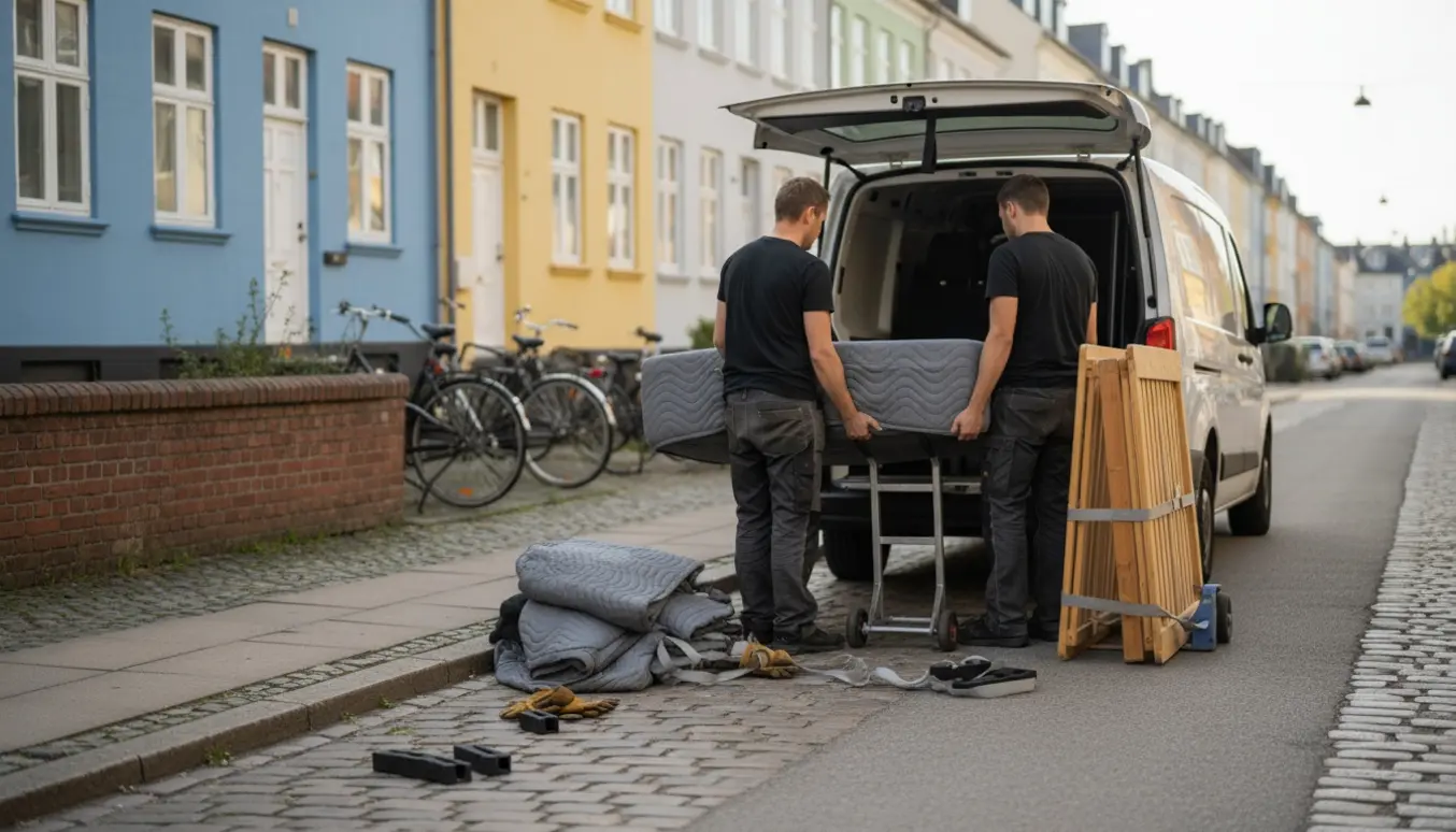 To personer løfter en pakket smal dobbeltseng ved en åben flyttevogn på en rolig københavnsk gade.